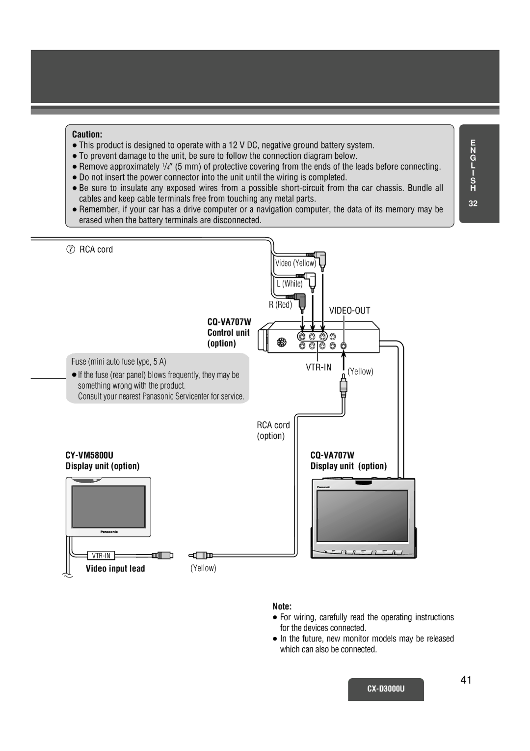 Panasonic CX-D3000U operating instructions RCA cord, Option, CY-VM5800U, Display unit option, Video input lead 