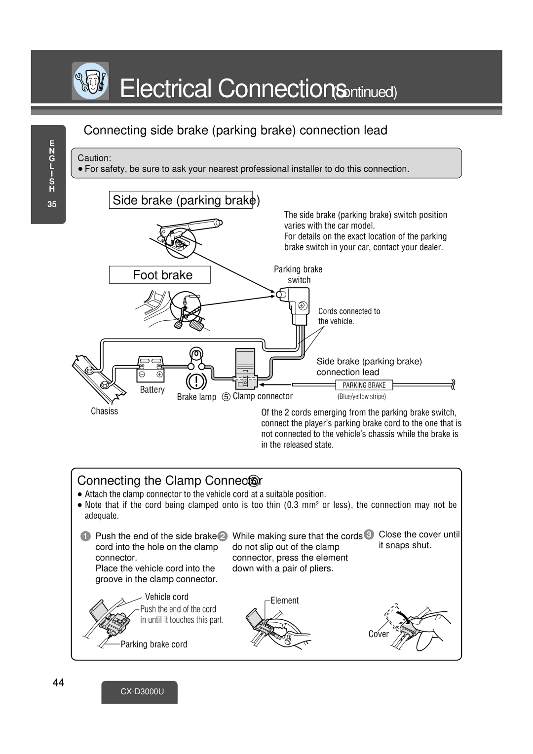 Panasonic CX-D3000U Connecting side brake parking brake connection lead, Side brake parking brake, Foot brake 