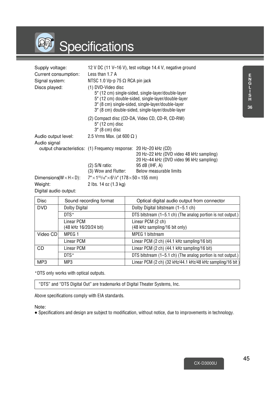 Panasonic CX-D3000U operating instructions Specifications 