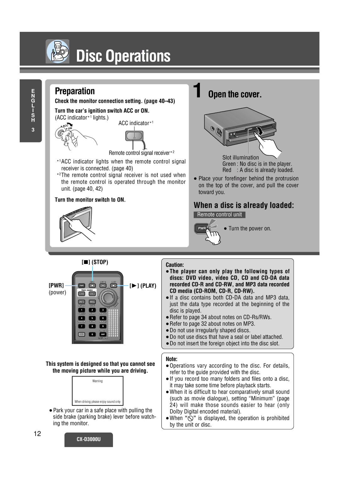 Panasonic CX-D3000U operating instructions Disc Operations, When a disc is already loaded 