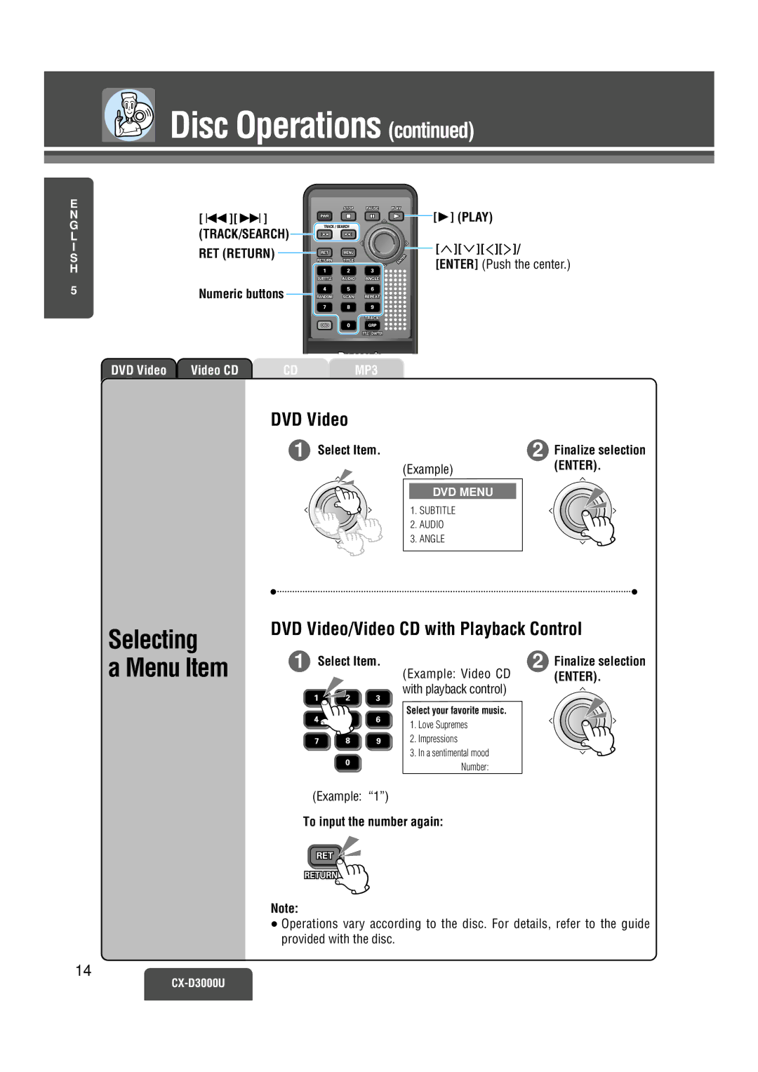 Panasonic CX-D3000U operating instructions Selecting Menu Item, DVD Video/Video CD with Playback Control 