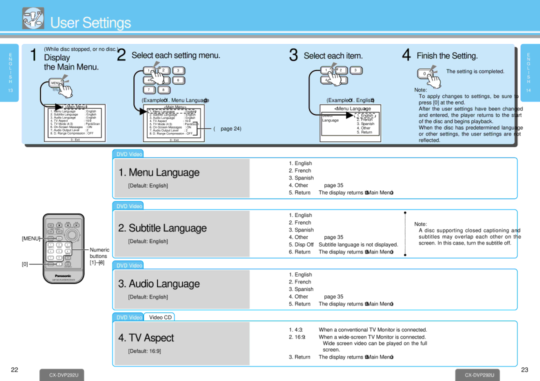 Panasonic CX-DVP292U operating instructions User Settings, Menu Language, Audio Language, TV Aspect, Subtitle Language 