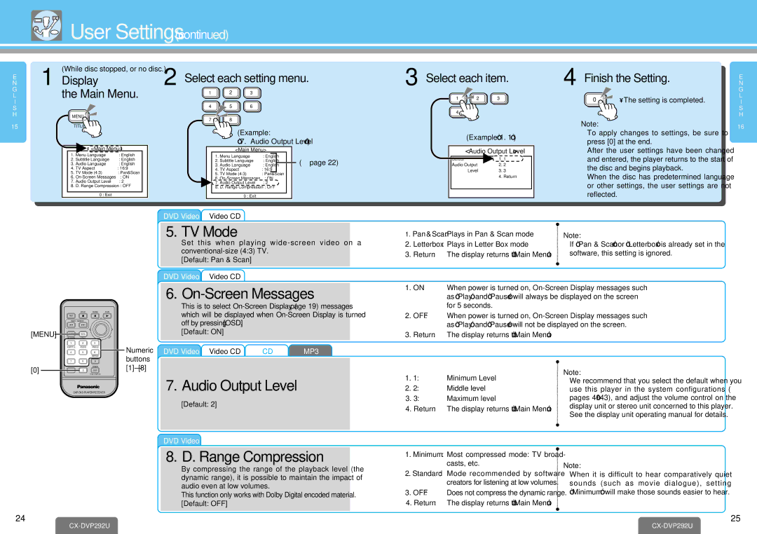 Panasonic CX-DVP292U operating instructions TV Mode, On-Screen Messages, Audio Output Level, Range Compression 