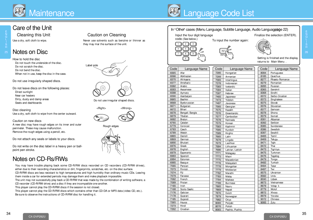 Panasonic CX-DVP292U Maintenance Language Code List, How to hold the disc, Disc cleaning, Language Name 