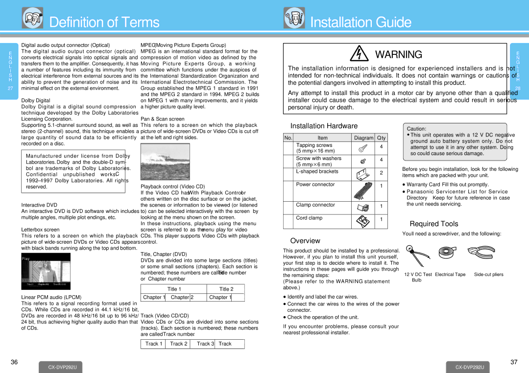 Panasonic CX-DVP292U Definition of Terms Installation Guide, Installation Hardware, Required Tools, Overview 