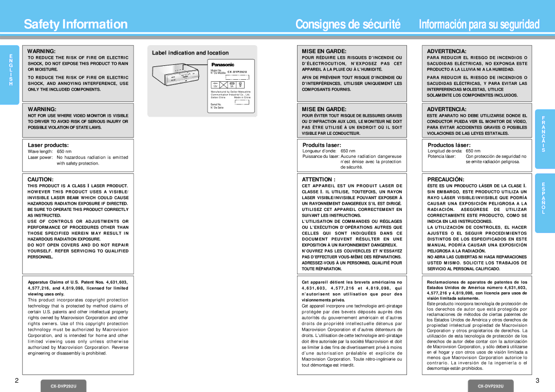 Panasonic CX-DVP292U Laser products, Label indication and location, Produits laser, Productos láser, Precaución 