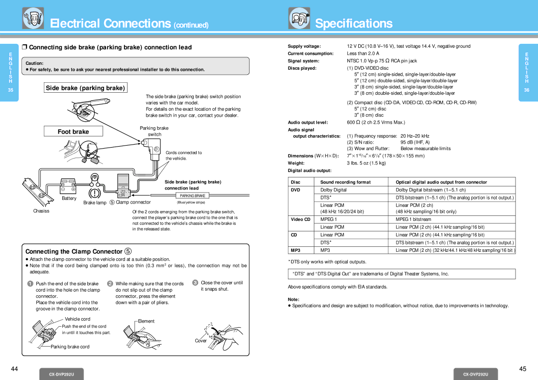 Panasonic CX-DVP292U operating instructions Specifications, Connecting side brake parking brake connection lead, Foot brake 