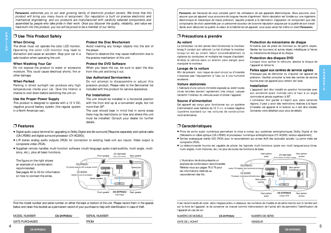 Panasonic CX-DVP292U operating instructions Use This Product Safely, Précautions à prendre, Features Caractéristiques 