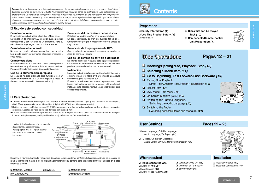 Panasonic CX-DVP292U operating instructions Contents 