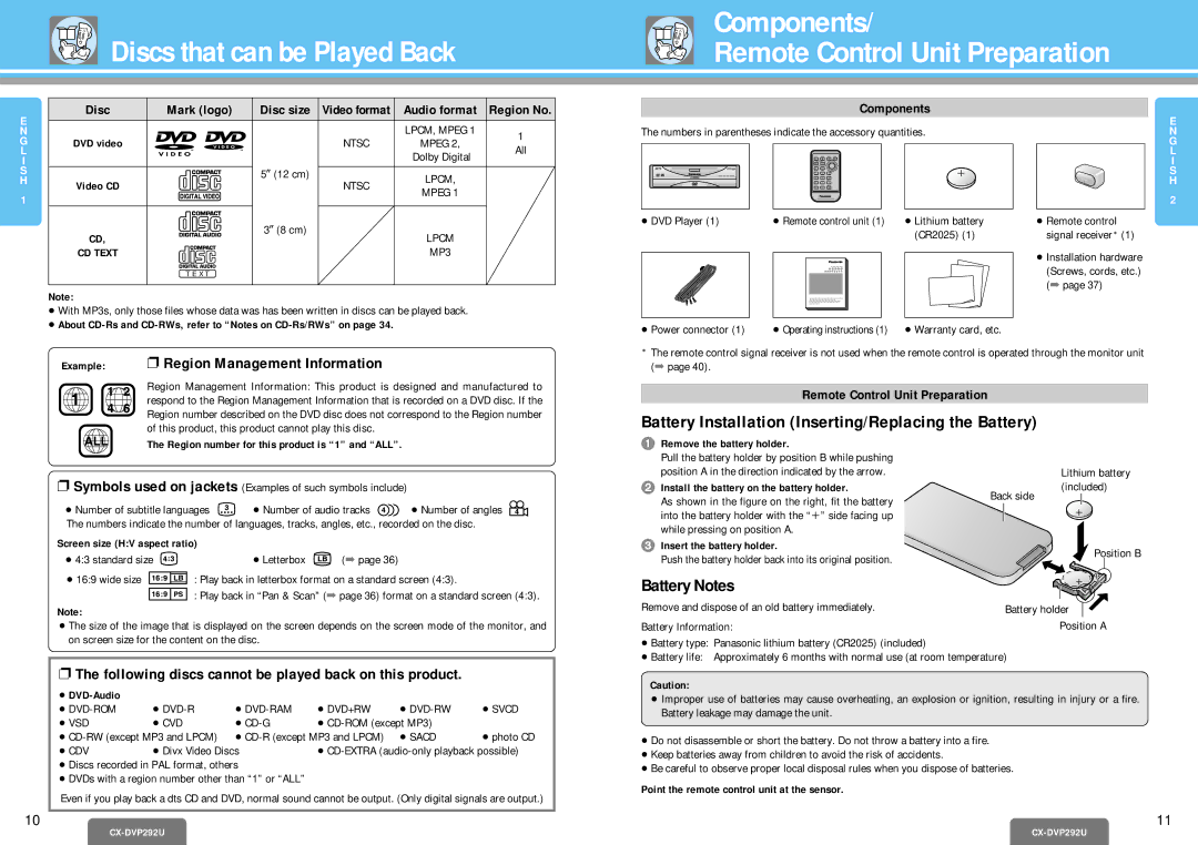 Panasonic CX-DVP292U operating instructions Components, Battery Installation Inserting/Replacing the Battery, Battery Notes 