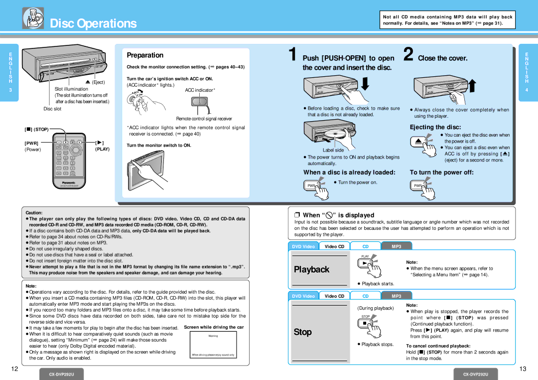 Panasonic CX-DVP292U operating instructions Disc Operations, Playback, Stop, Close the cover 