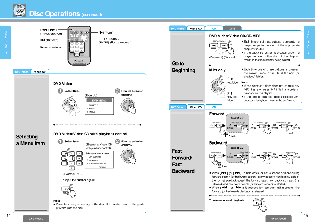 Panasonic CX-DVP292U operating instructions Selecting, Fast Forward, Backward, Menu Item, Go to Beginning 