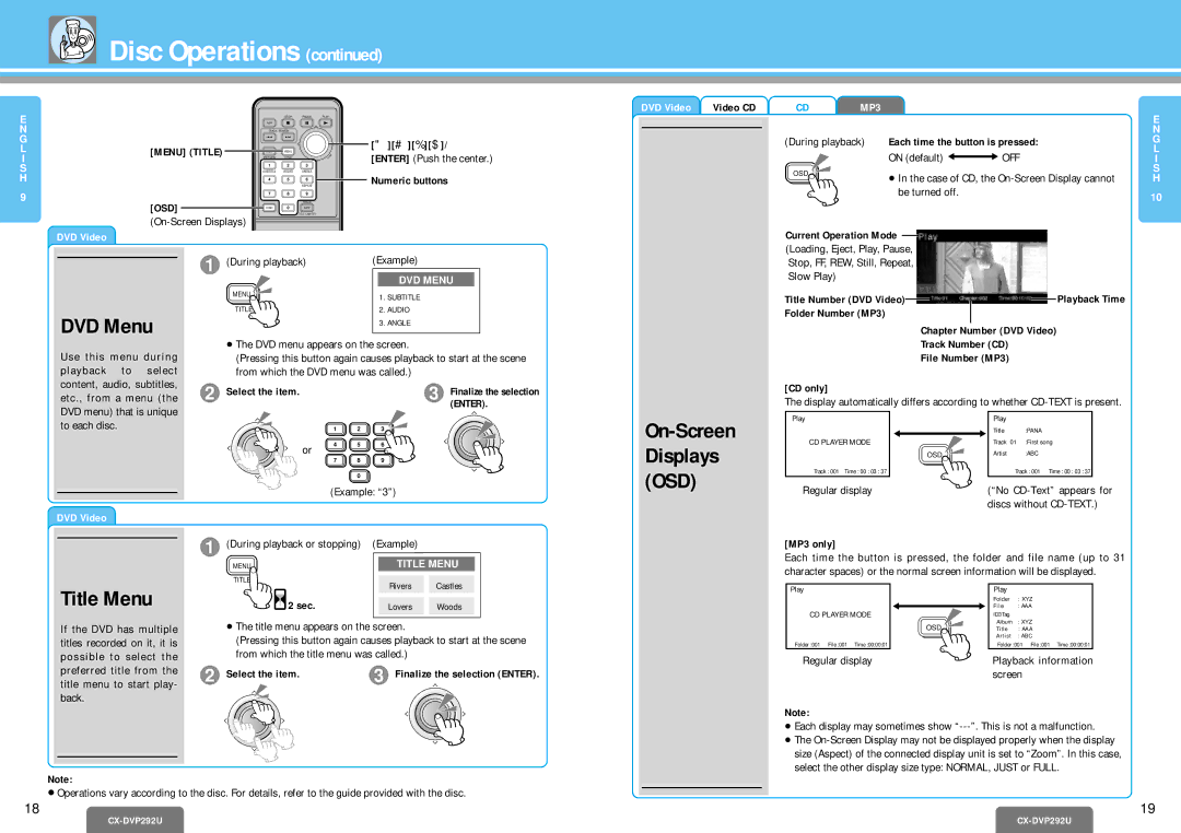 Panasonic CX-DVP292U operating instructions DVD Menu, Title Menu, On-Screen Displays OSD, Menu Title, Osd 