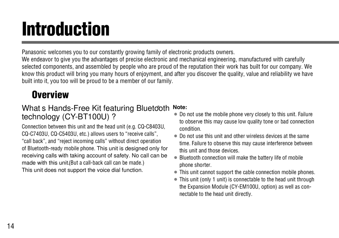 Panasonic CY-BT100U warranty Introduction, Overview, This unit does not support the voice dial function 