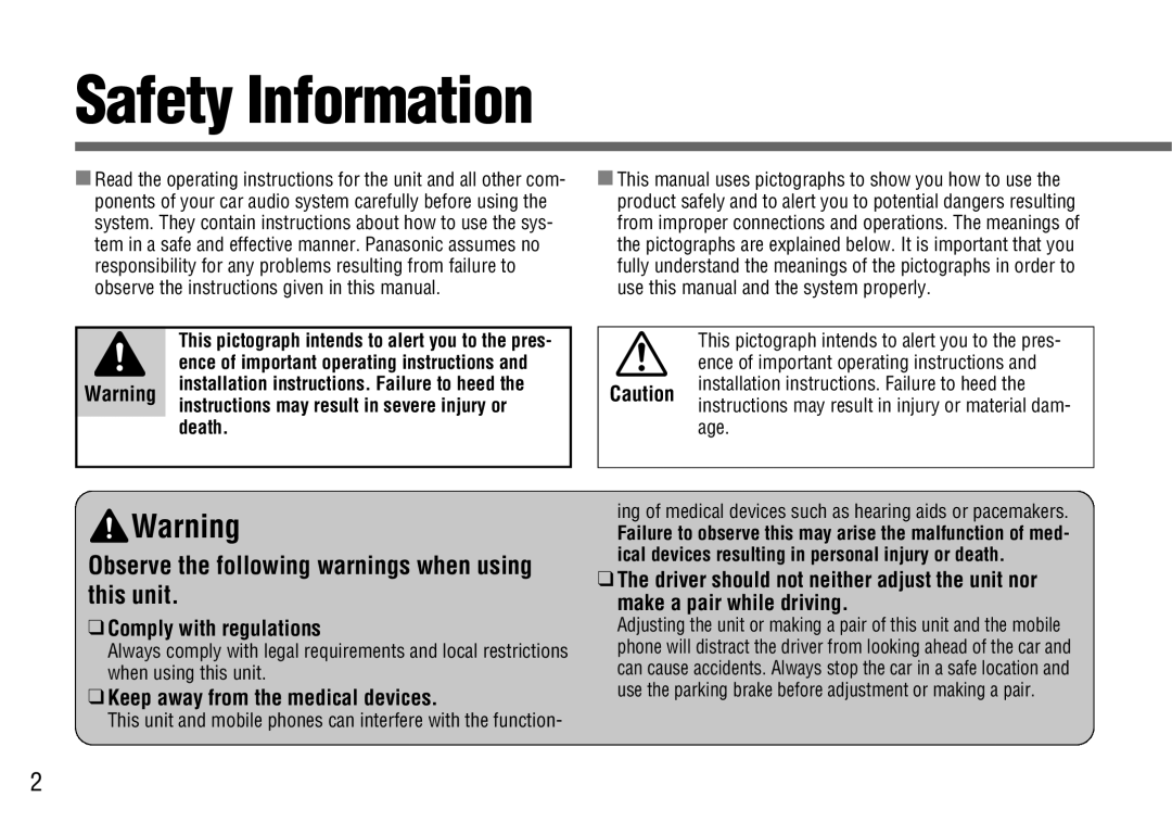 Panasonic CY-BT100U warranty Safety Information, Comply with regulations, Keep away from the medical devices, Death 