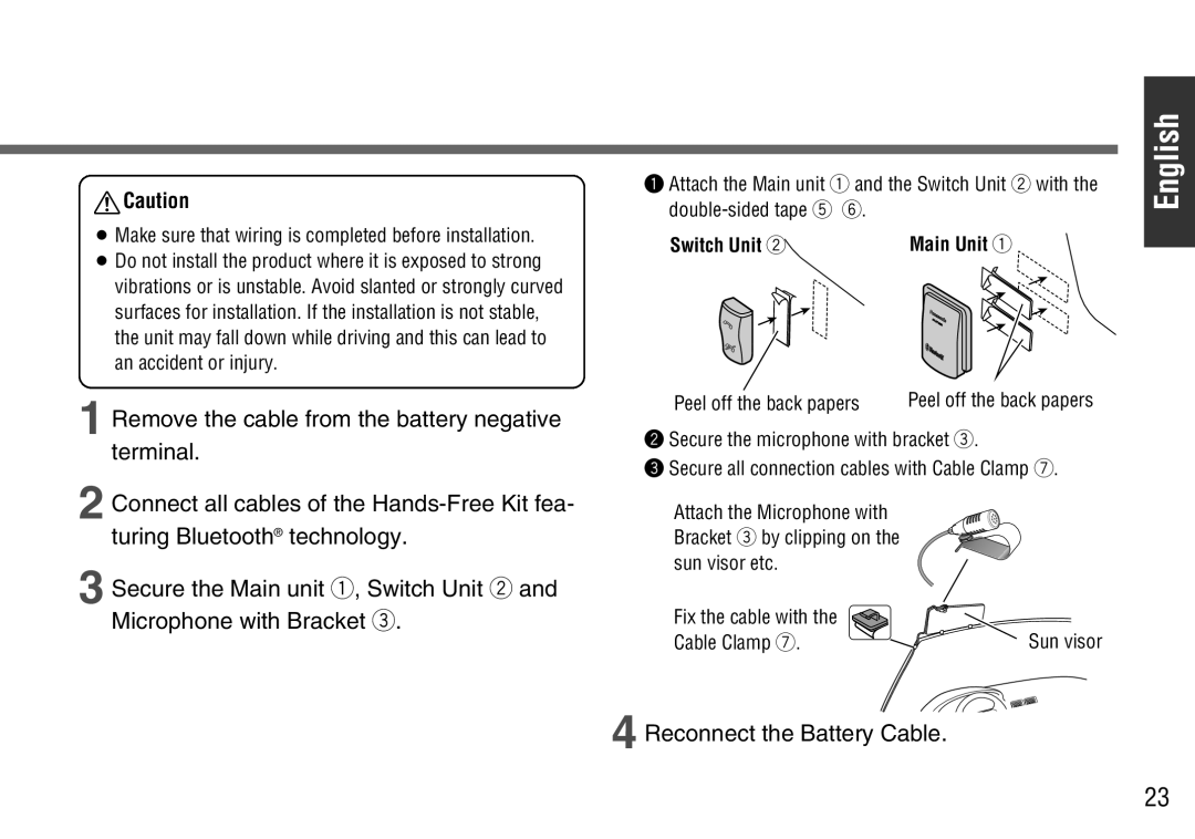 Panasonic CY-BT100U warranty Switch Unit w Main Unit q, Peel off the back papers, Cable Clamp u 