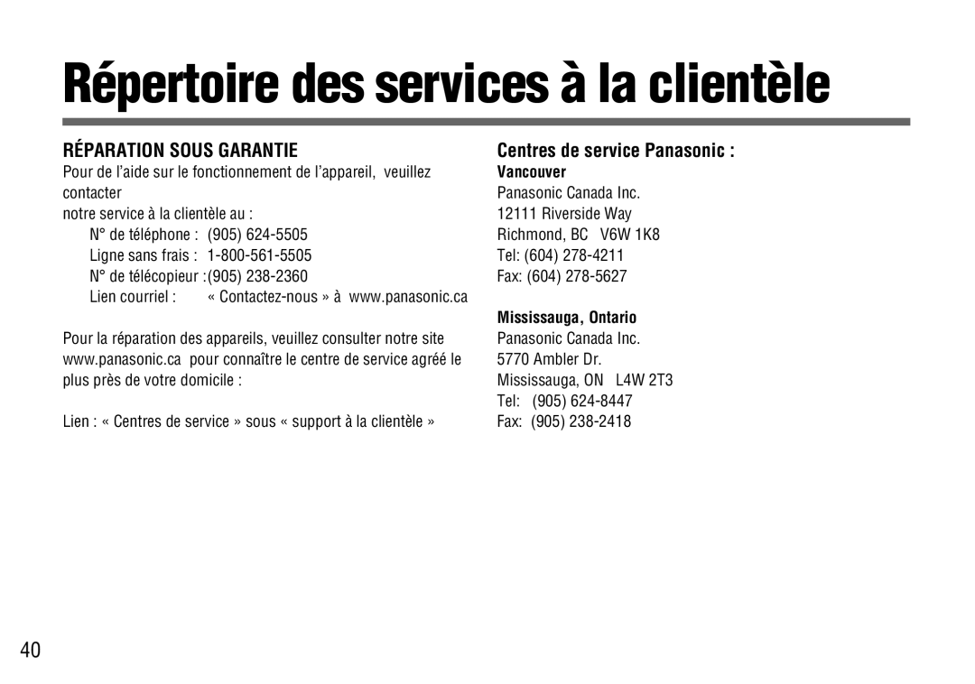 Panasonic CY-BT100U Centres de service Panasonic, Lien « Centres de service » sous « support à la clientèle », Vancouver 