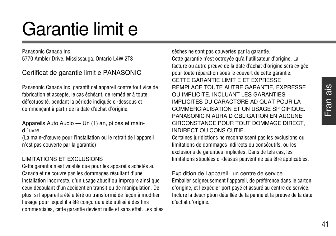 Panasonic CY-BT100U warranty Garantie limitée, Certificat de garantie limitée Panasonic 