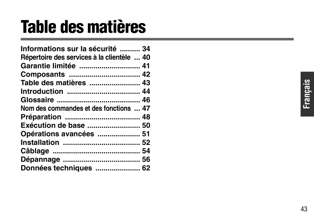 Panasonic CY-BT100U warranty Table des matières, Répertoire des services à la clientèle, Nom des commandes et des fonctions 