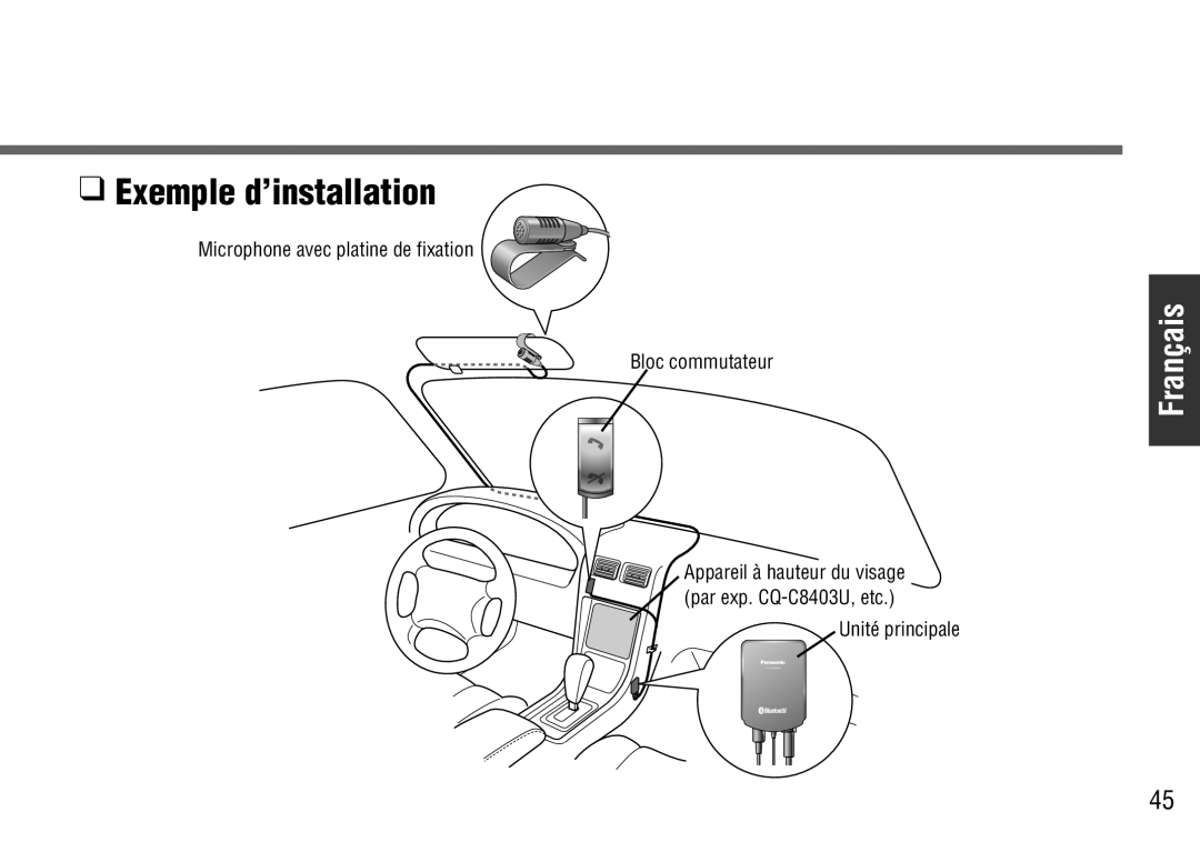 Panasonic CY-BT100U warranty Exemple d’installation, Microphone avec platine de fixation Bloc commutateur, Unité principale 