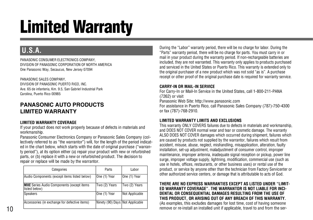 Panasonic CY-BT100U operating instructions Panasonic Auto Products Limited Warranty 