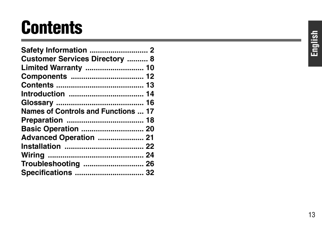 Panasonic CY-BT100U operating instructions Contents 