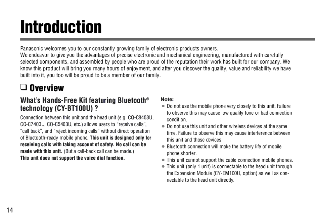 Panasonic CY-BT100U operating instructions Introduction, This unit does not support the voice dial function 