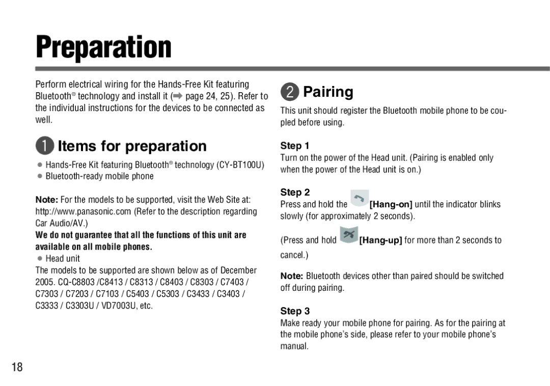 Panasonic CY-BT100U operating instructions Preparation, Pairing 