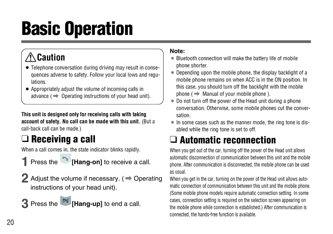 Panasonic CY-BT100U operating instructions Basic Operation, Receiving a call 