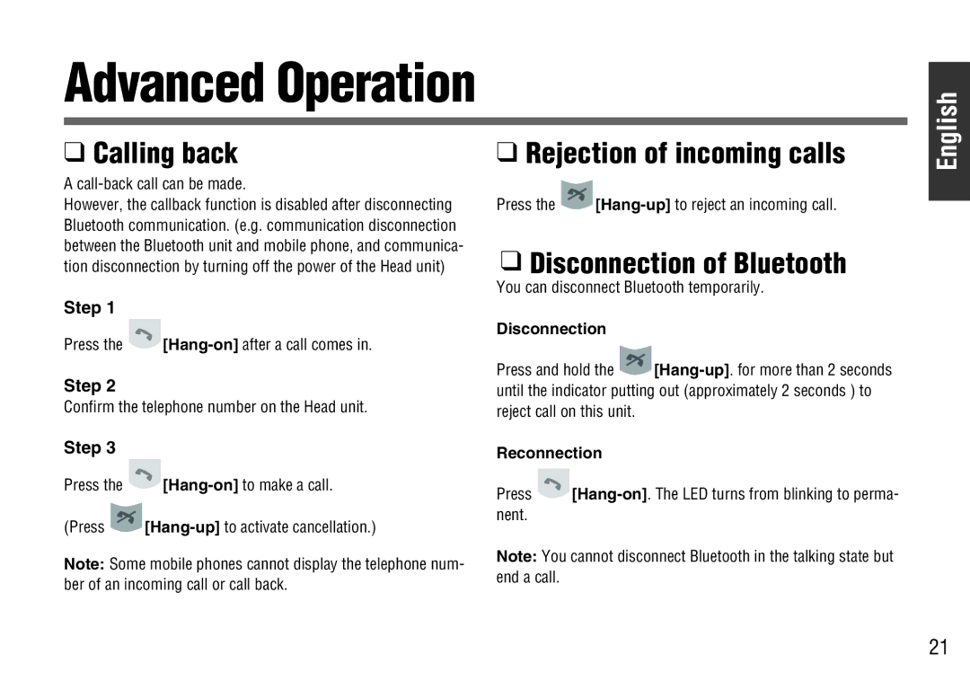 Panasonic CY-BT100U operating instructions Advanced Operation, Disconnection, Reconnection 