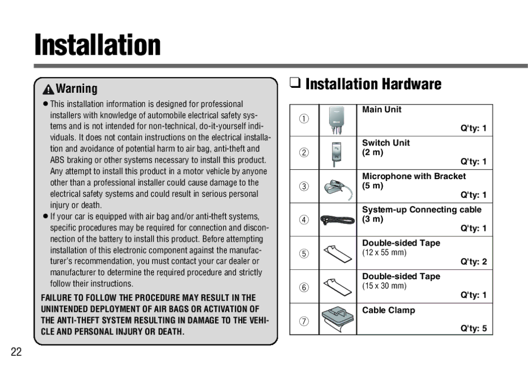 Panasonic CY-BT100U operating instructions Installation 