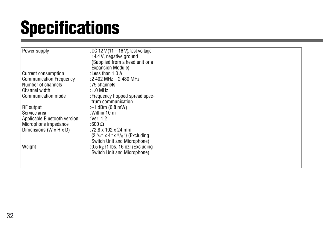 Panasonic CY-BT100U operating instructions Specifications 