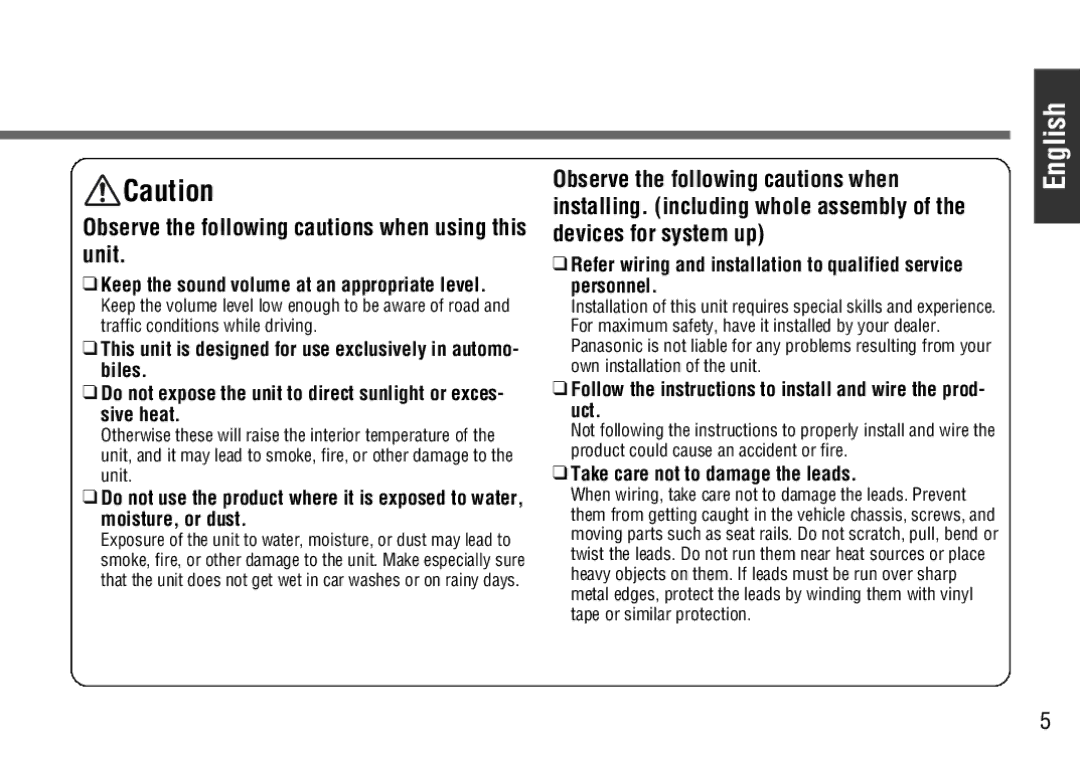 Panasonic CY-BT100U Follow the instructions to install and wire the prod- uct, Take care not to damage the leads 