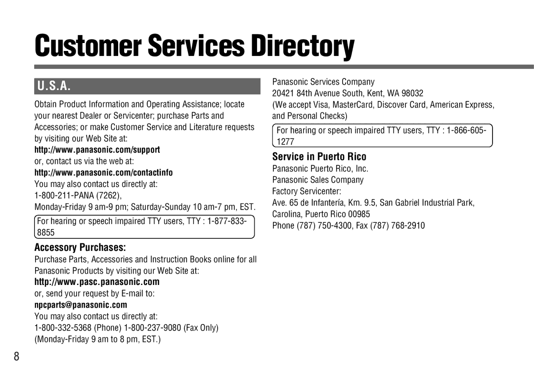 Panasonic CY-BT100U Customer Services Directory, Accessory Purchases, Service in Puerto Rico, Npcparts@panasonic.com 