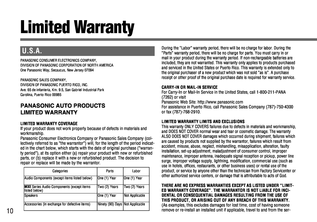 Panasonic CY-BT100U warranty U.S.A, Limited Warranty Coverage, Carry-Inor Mail-Inservice 