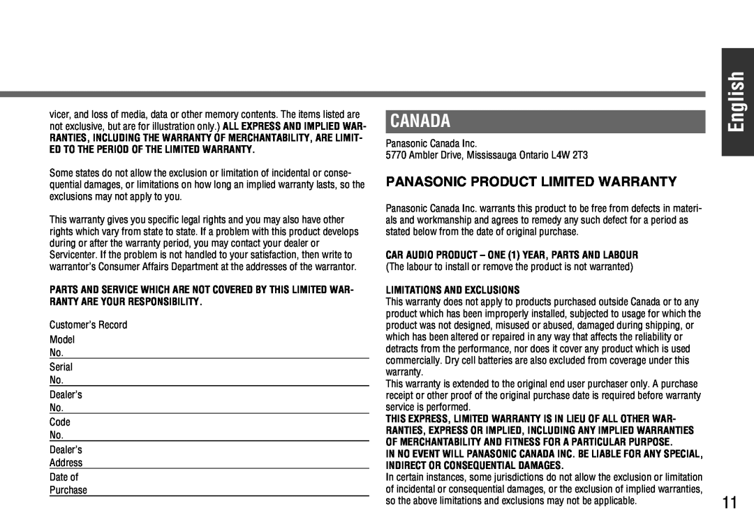 Panasonic CY-BT100U warranty English, Canada, Panasonic Product Limited Warranty, Limitations And Exclusions 
