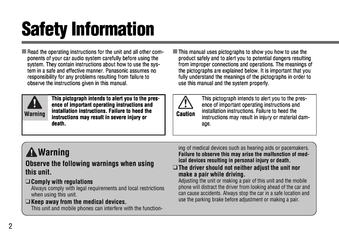 Panasonic CY-BT100U warranty Safety Information, Comply with regulations, Keep away from the medical devices 