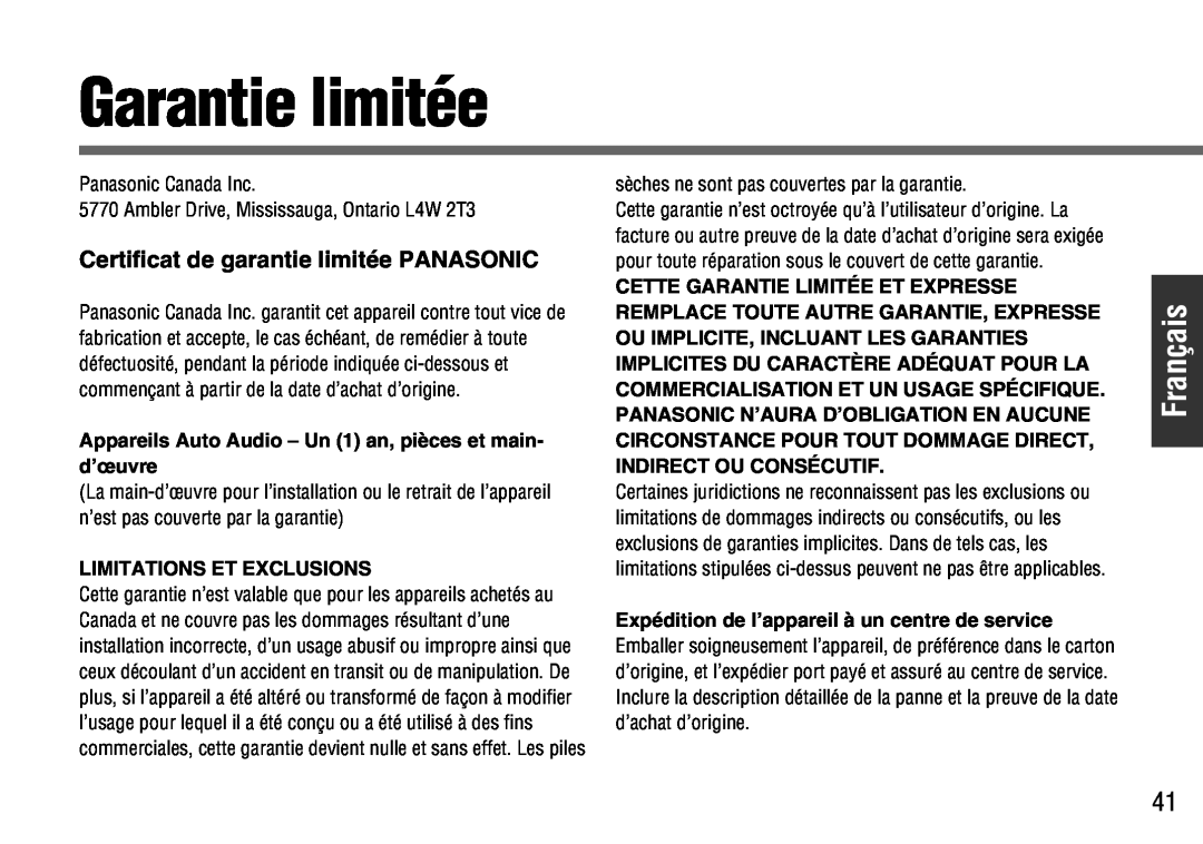 Panasonic CY-BT100U warranty Garantie limitée, Français, Certificat de garantie limitée PANASONIC 