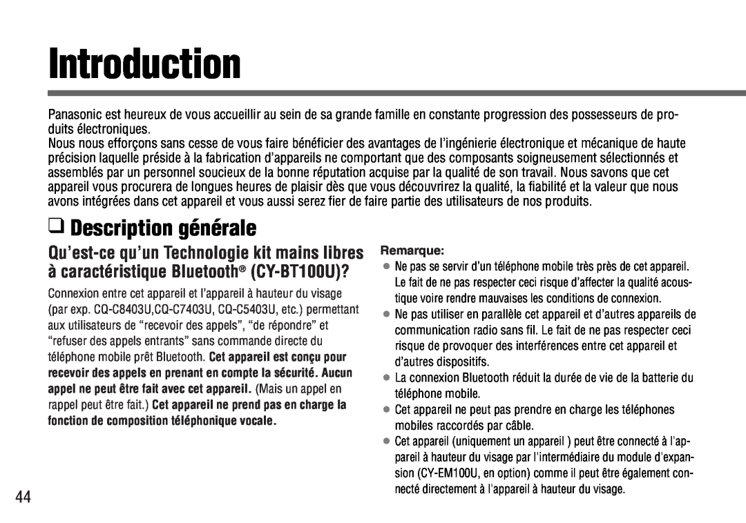 Panasonic CY-BT100U warranty Description générale, Introduction, Remarque 