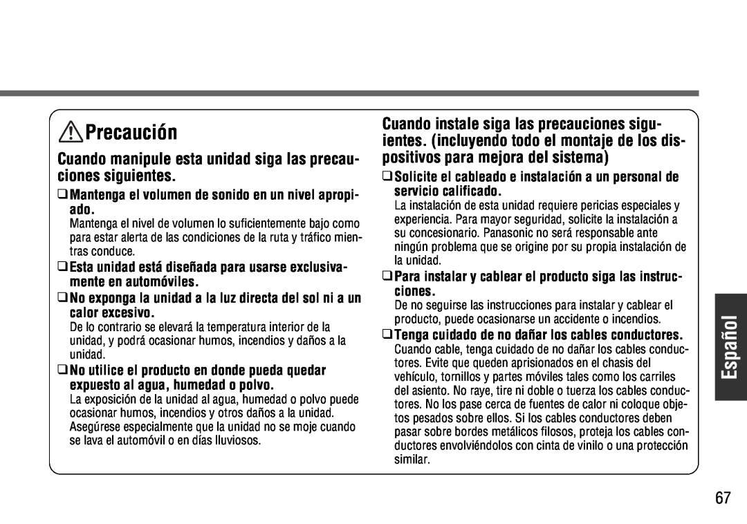 Panasonic CY-BT100U warranty Precaución, Español, Tenga cuidado de no dañar los cables conductores 
