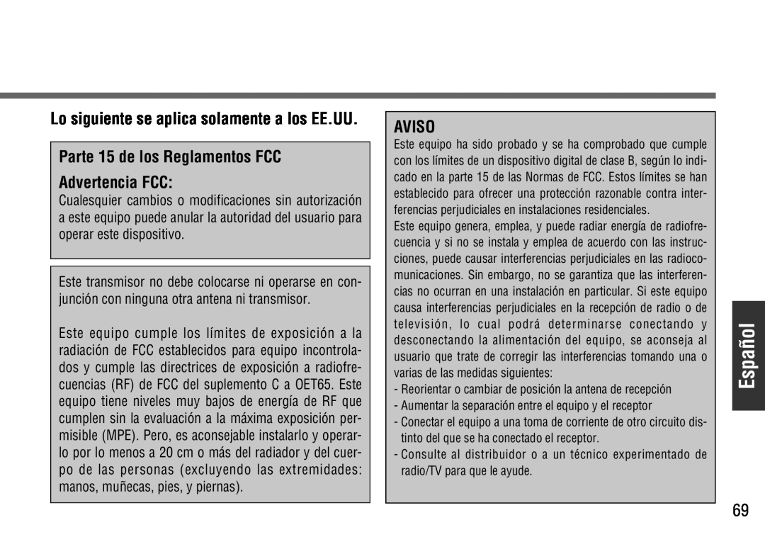 Panasonic CY-BT100U warranty Español, Parte 15 de los Reglamentos FCC Advertencia FCC, Aviso 
