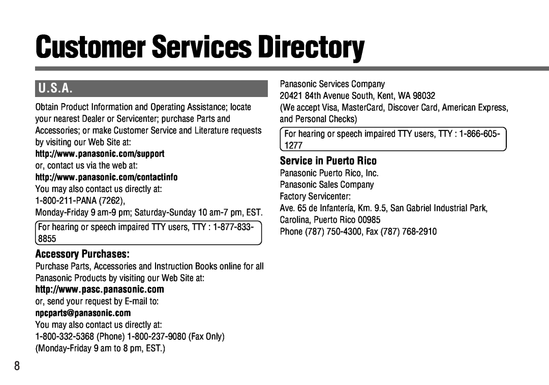Panasonic CY-BT100U warranty Customer Services Directory, U.S.A, Accessory Purchases, Service in Puerto Rico 