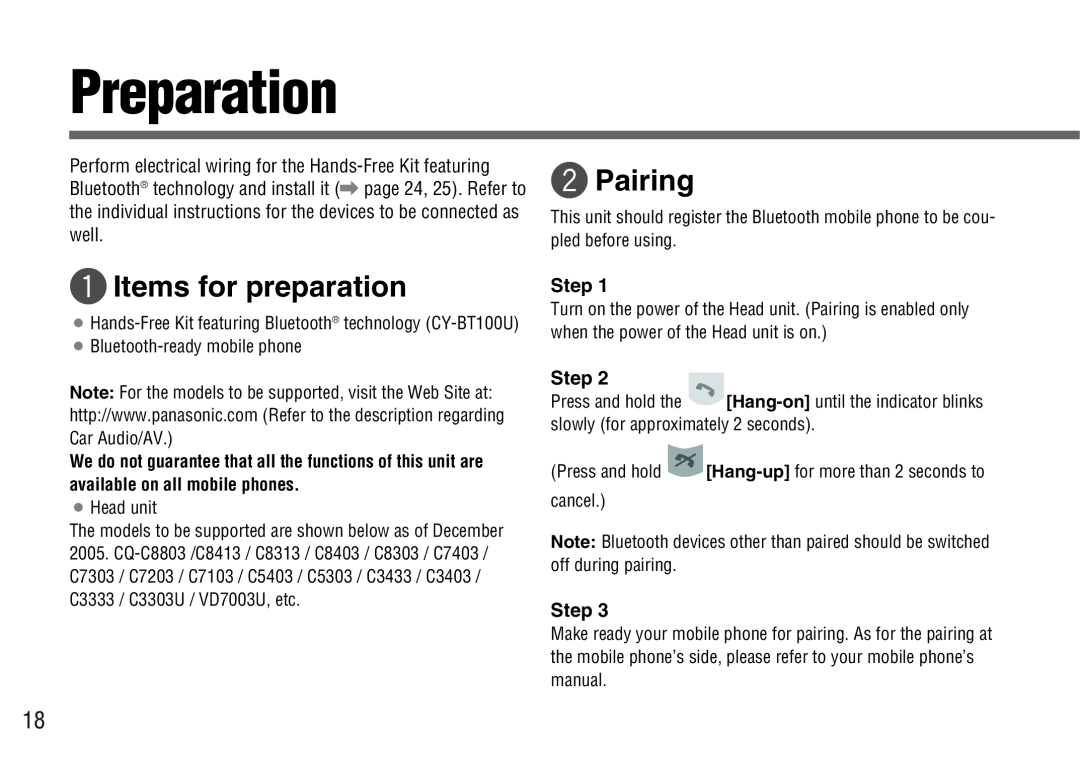 Panasonic CY-BT100U operating instructions Preparation, q Items for preparation, wPairing 