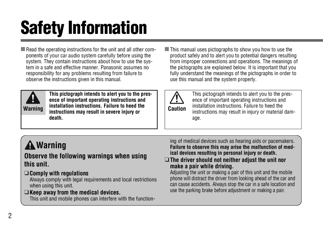 Panasonic CY-BT100U operating instructions Safety Information, Comply with regulations, Keep away from the medical devices 