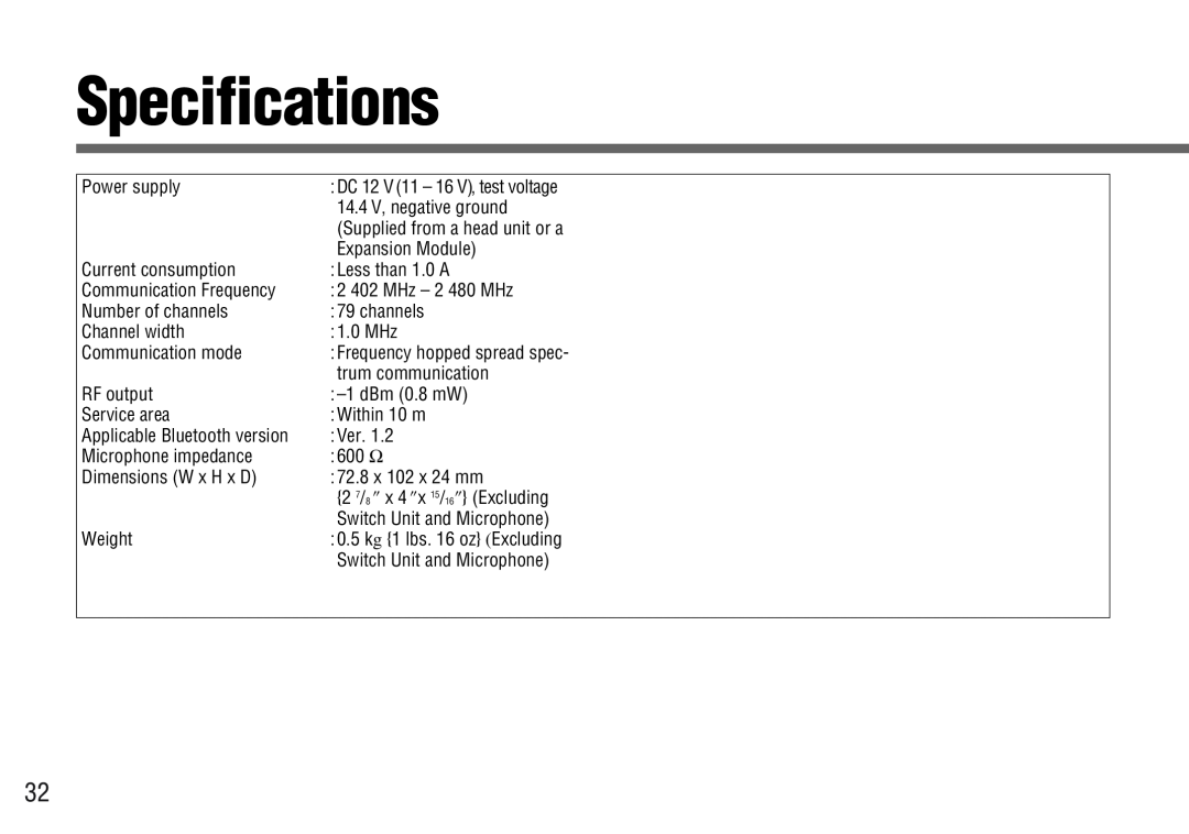 Panasonic CY-BT100U operating instructions Specifications 