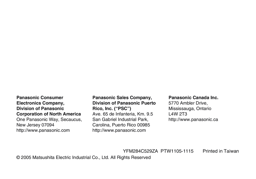 Panasonic CY-BT100U YFM284C529ZA PTW1105-1115, Panasonic Consumer, Panasonic Sales Company, Panasonic Canada Inc 