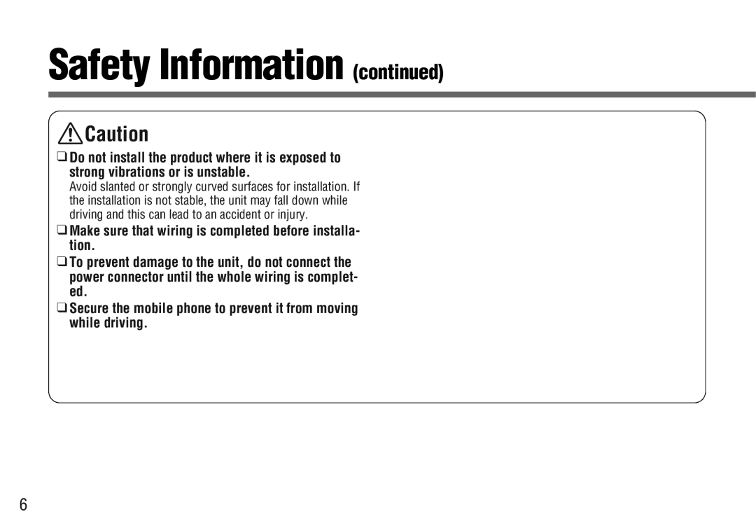 Panasonic CY-BT100U Safety Information continued, Make sure that wiring is completed before installa- tion 