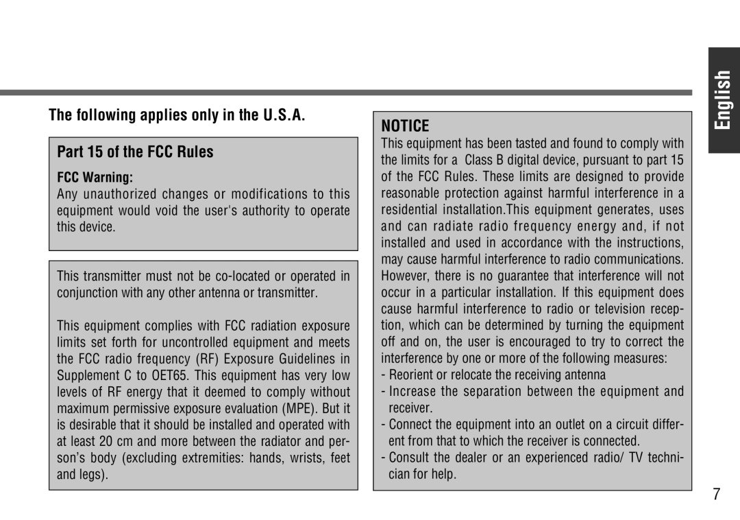Panasonic CY-BT100U English, The following applies only in the U.S.A, Part 15 of the FCC Rules, FCC Warning 