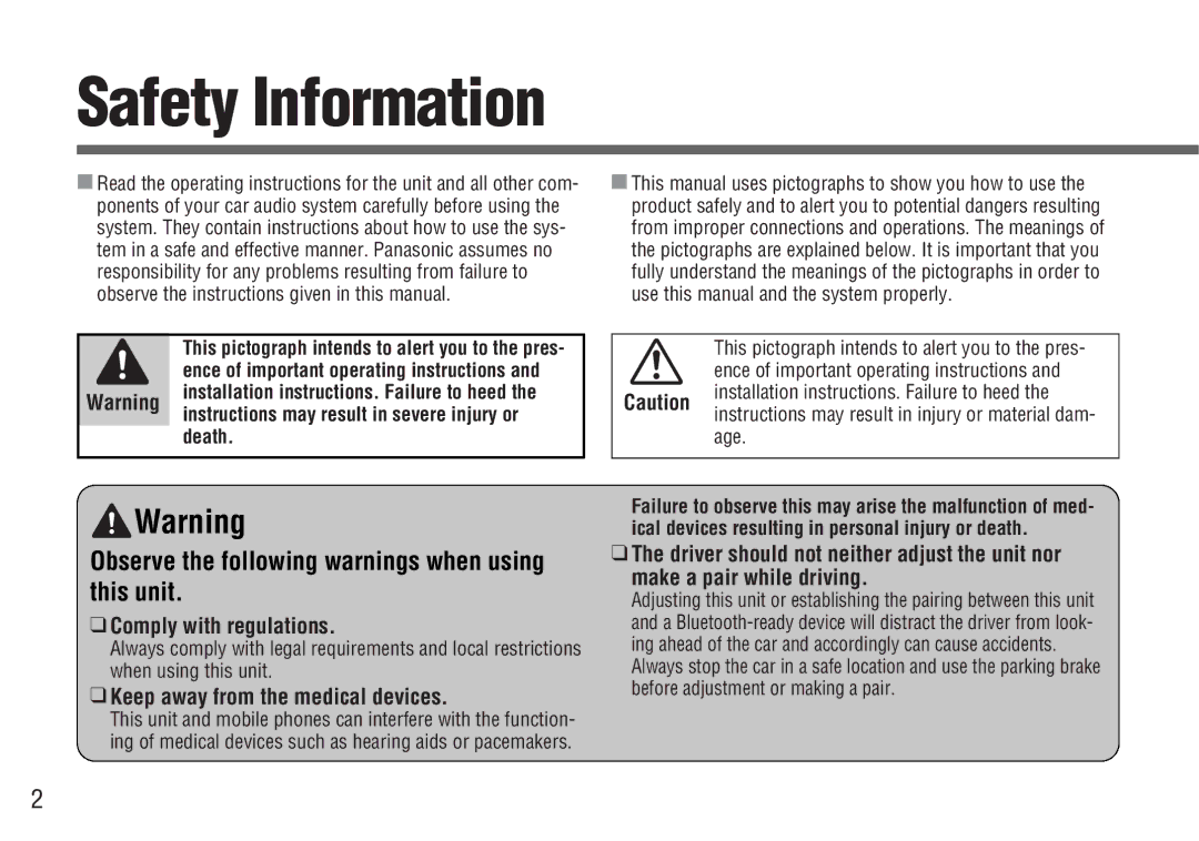 Panasonic CY-BT200U Safety Information, Comply with regulations, Keep away from the medical devices, Death 