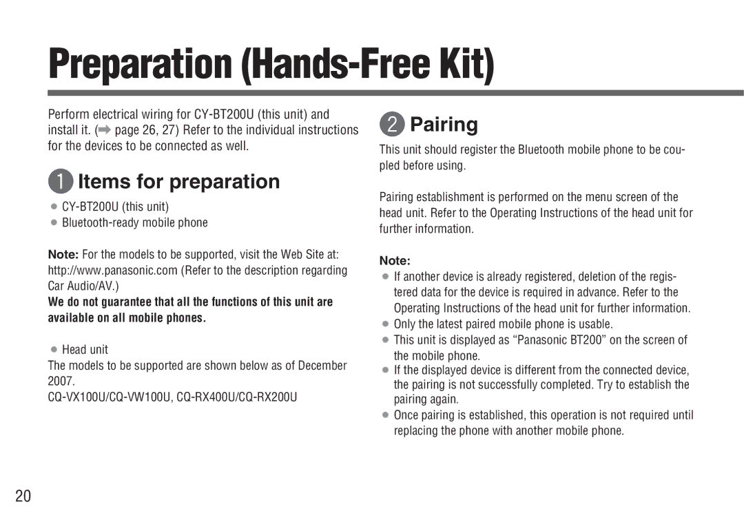 Panasonic CY-BT200UCY-BT200U operating instructions Preparation Hands-Free Kit 